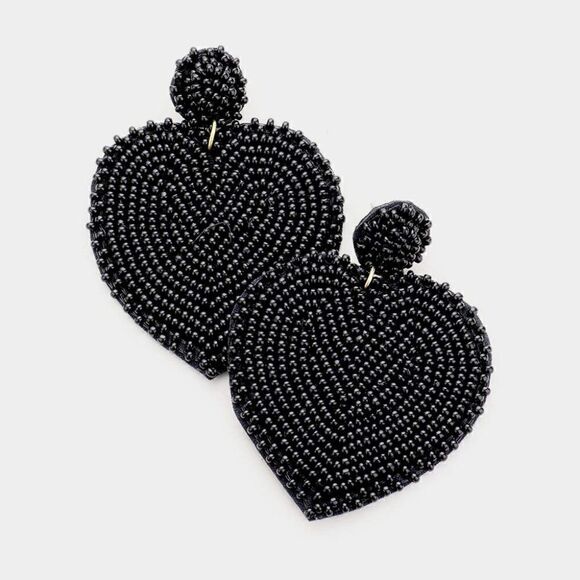 Seed Bead Heart Black Dangle Earrings - Picture 1 of 6